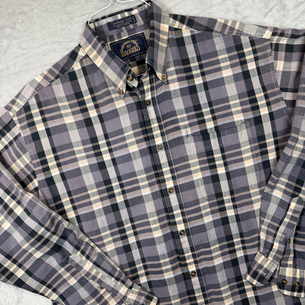 BD Baggies Mens Chatham Cloth Plaid Button Down Shirt Grey Black Tan Large